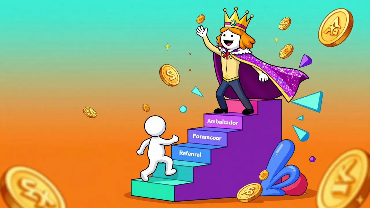 Character evolving into a coin-crowned Ambassador on a colorful staircase