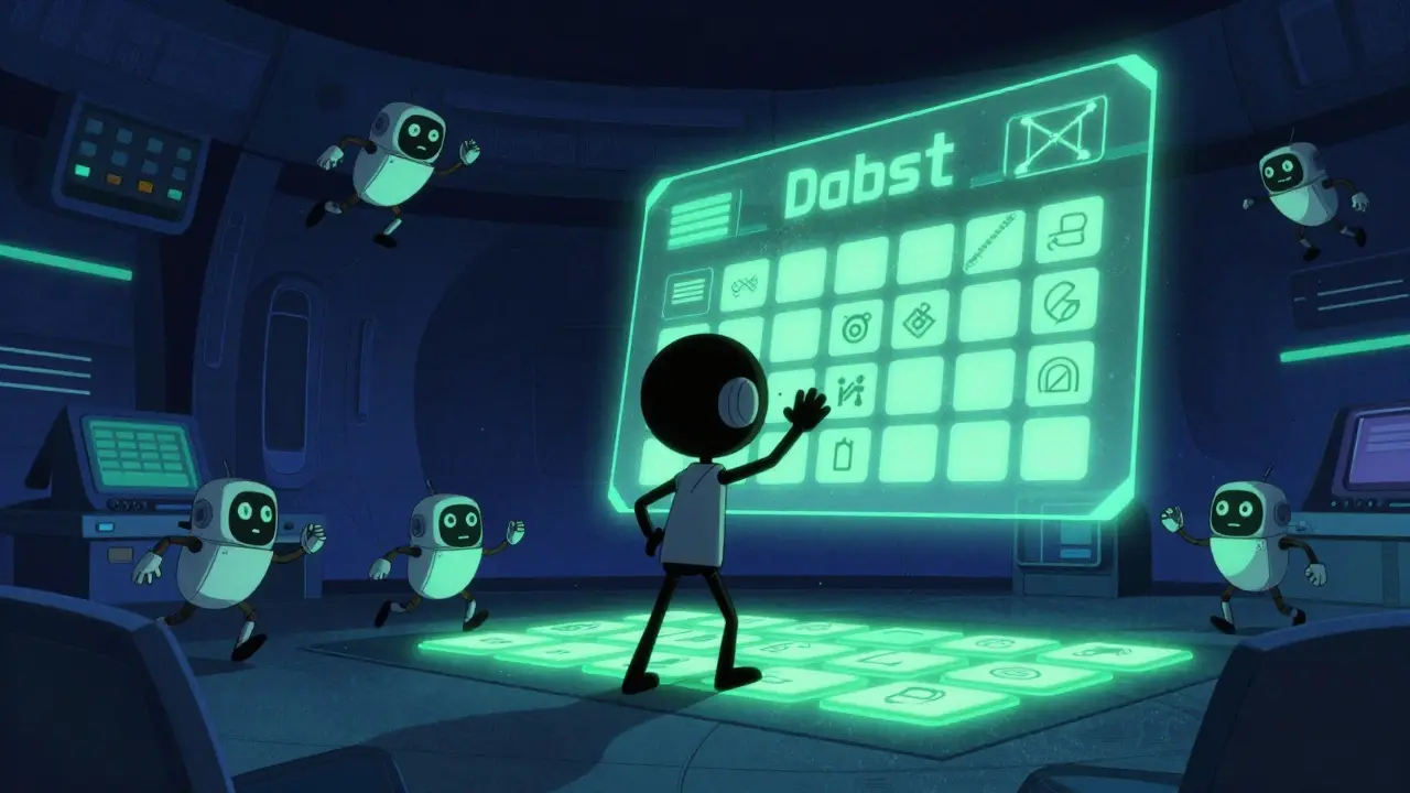 Character interacting with a holographic calendar and digital buttons in a futuristic control room.