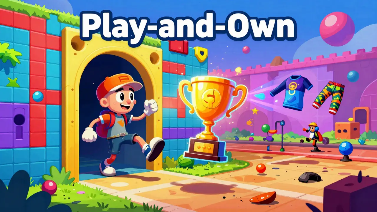 Character moving between different game worlds while carrying a glowing digital trophy in a colorful cartoon style.