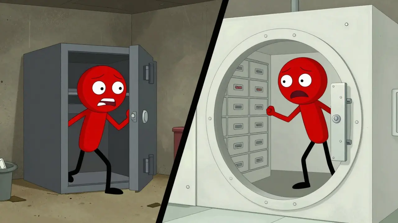 Characters searching for recovery phrases in a home safe and a bank deposit box