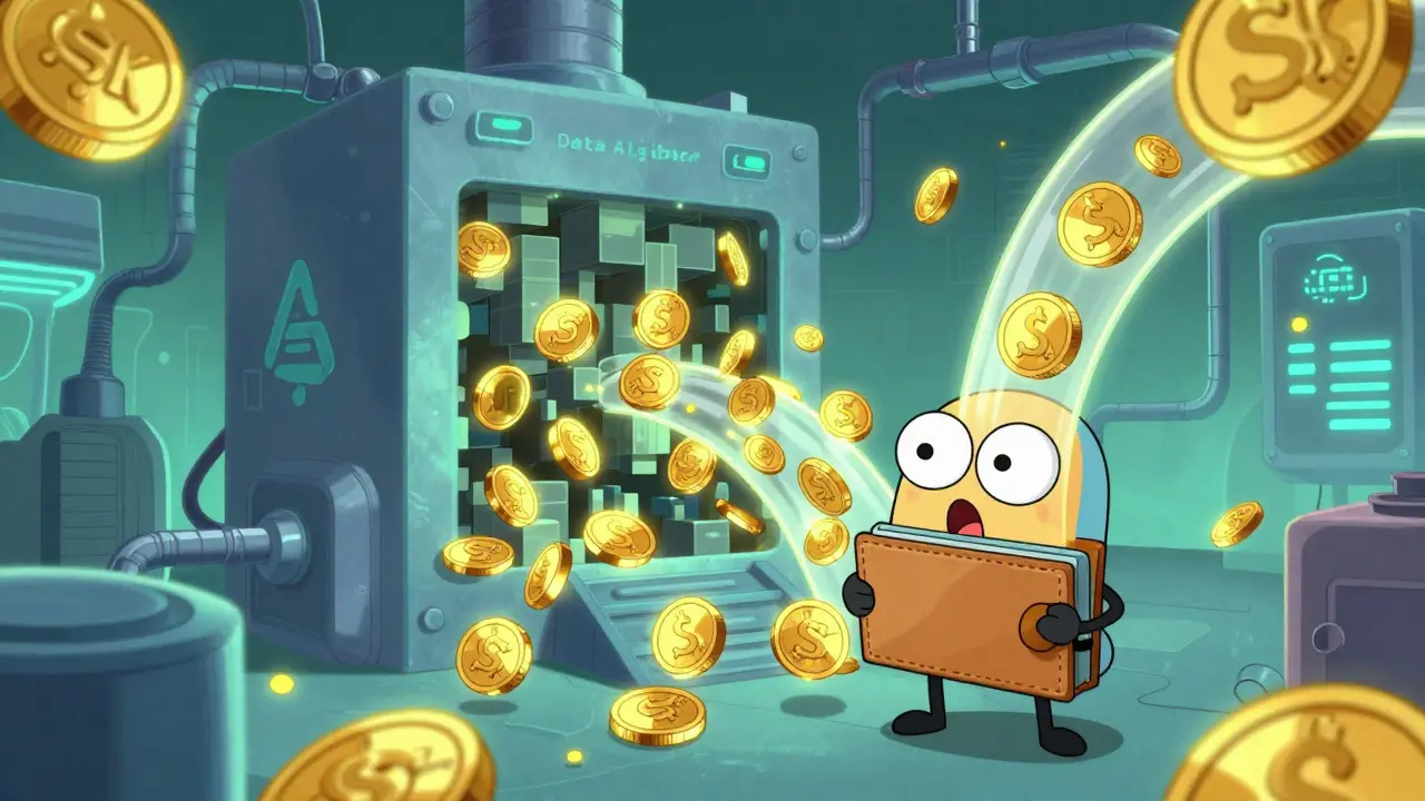 Digital machine converting data into golden ASK coins in a cartoon style