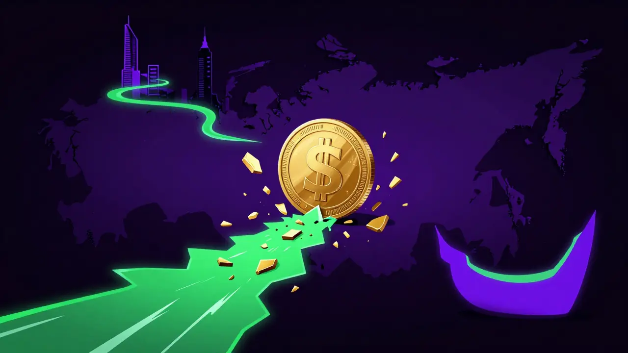 Digital stablecoins splitting into many fragments flowing through global city silhouettes.