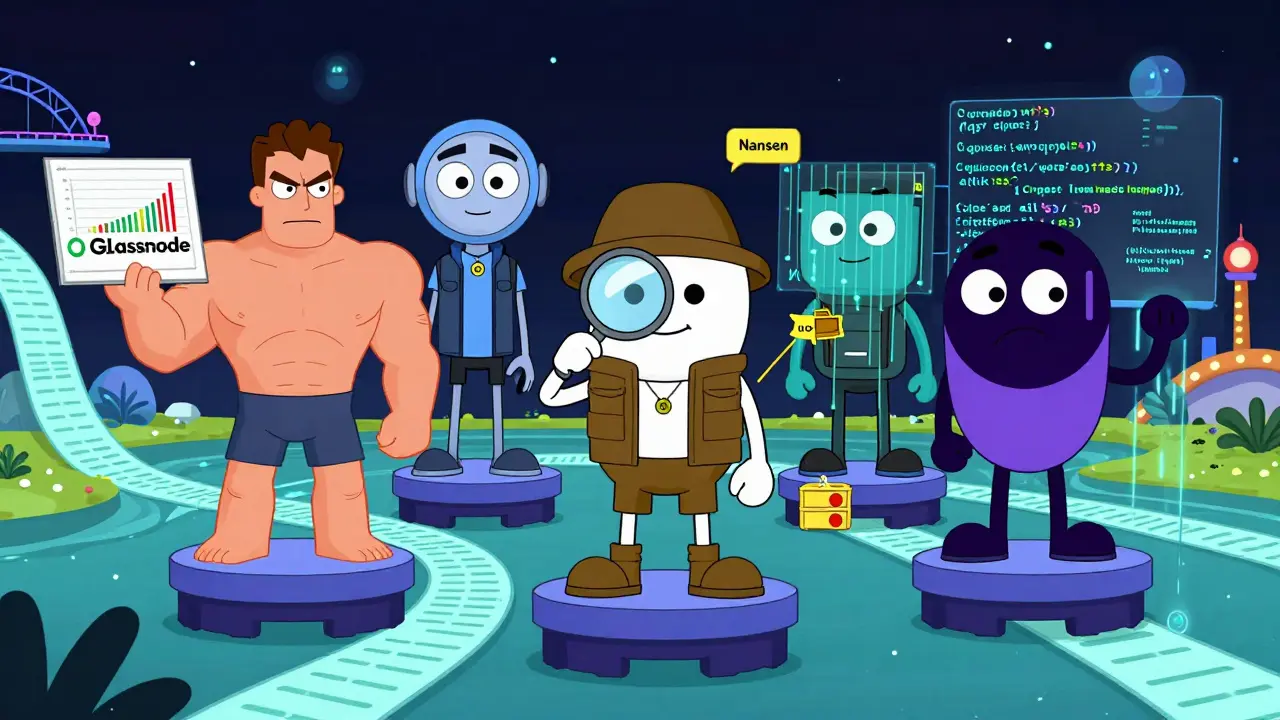 Five cartoon platform characters representing crypto analysis tools