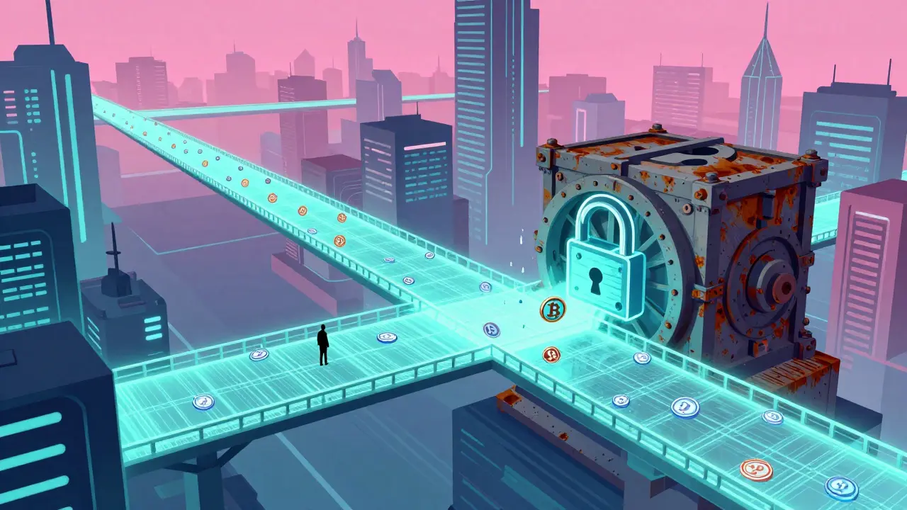 Futuristic holographic bridge replacing a locked vault in a synthwave city