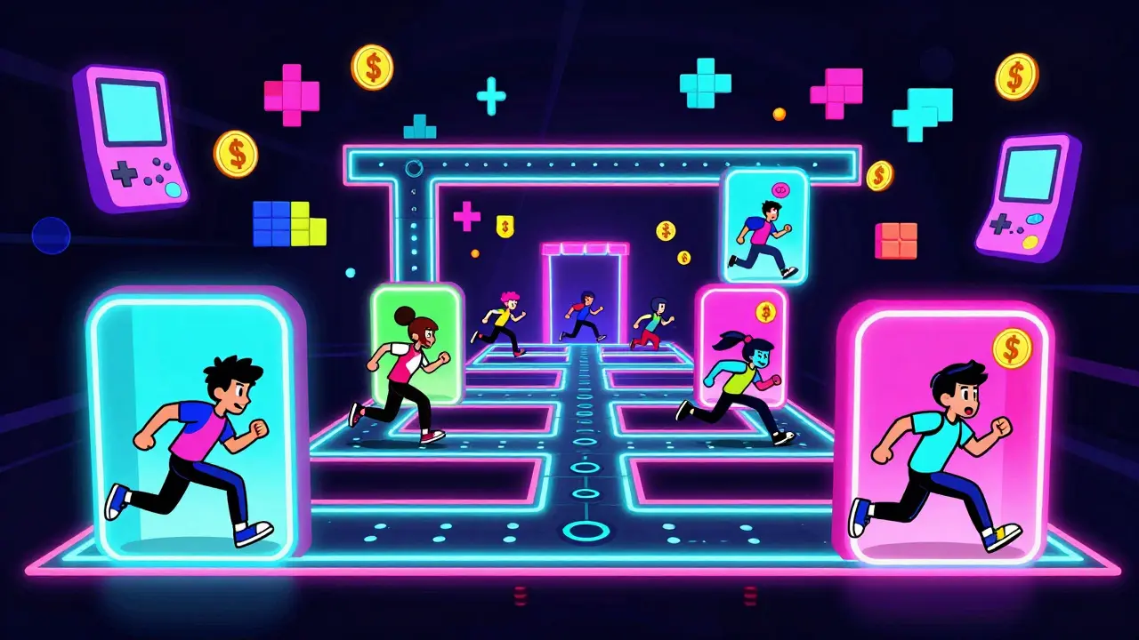 Gamers navigating a neon obstacle course to collect digital tokens.