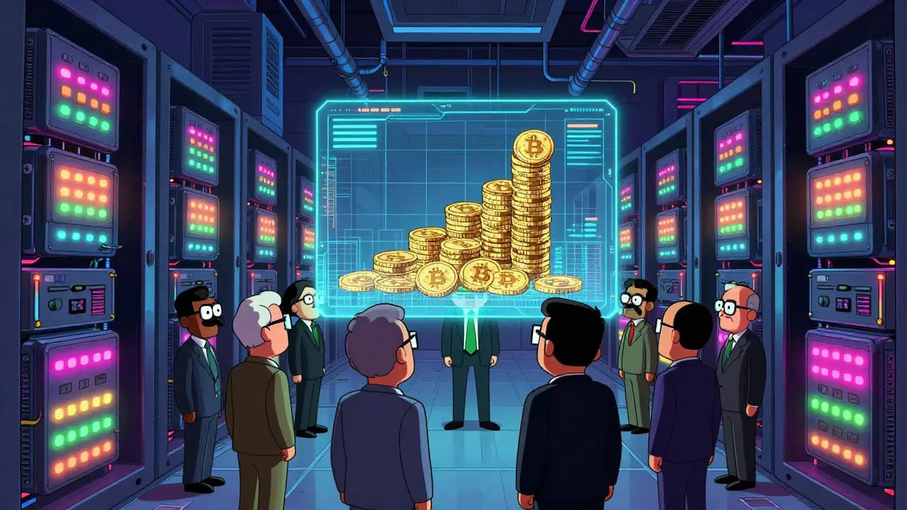 Government officials monitoring rows of glowing crypto mining rigs in a stylized data center.