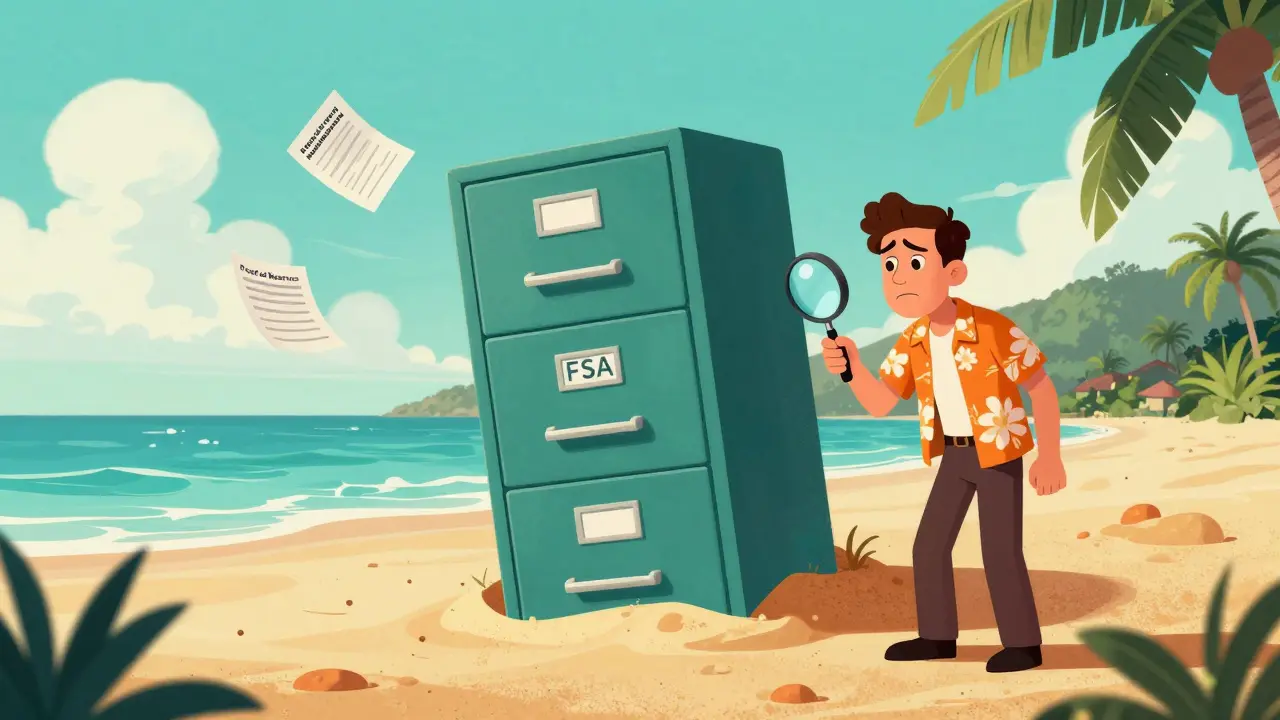 Investor searching for financial documents on a surreal Seychelles beach.