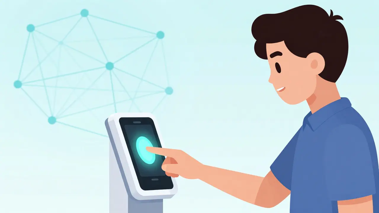 Person using a biometric thumbprint scanner to access a futuristic digital wallet