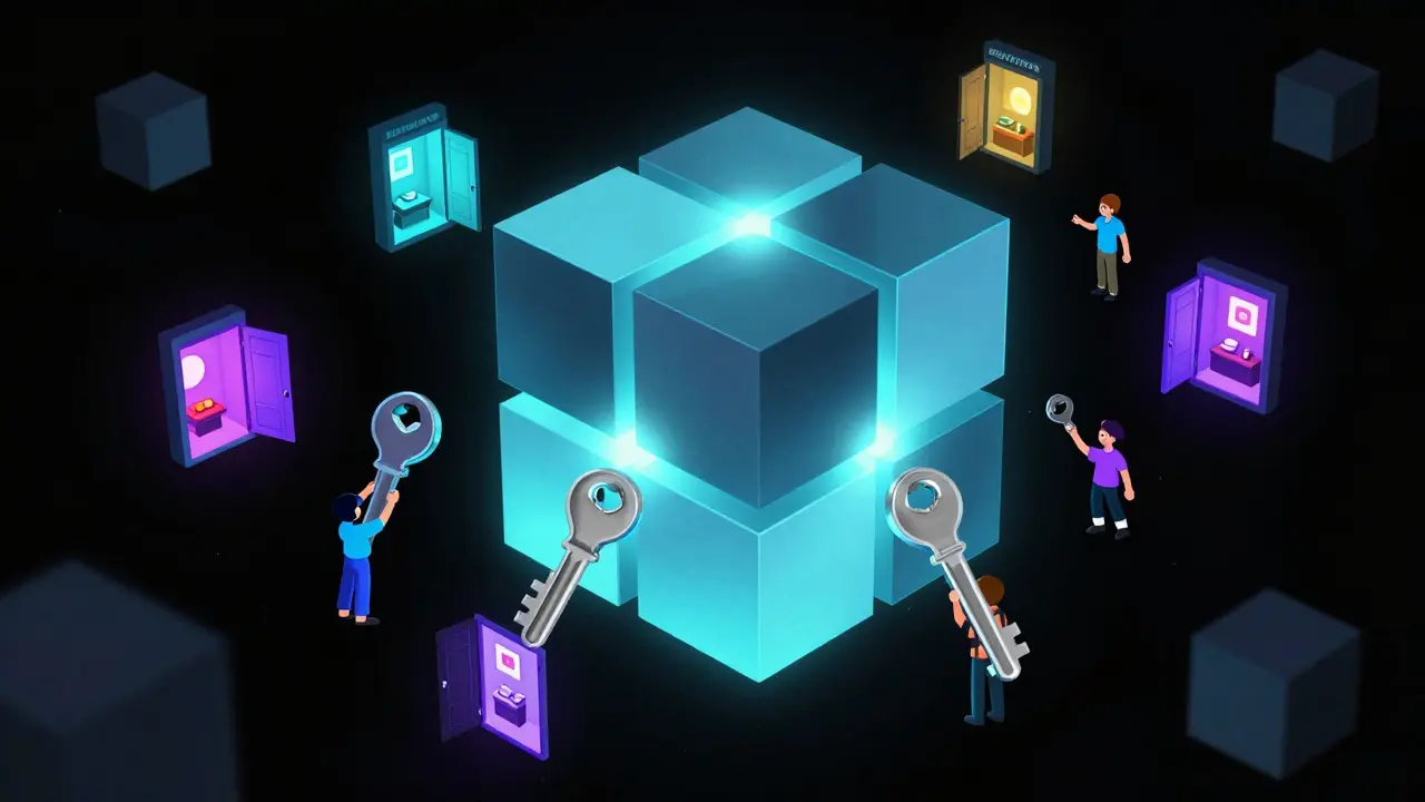 Quirky characters using digital keys to unlock glowing blockchain cubes in a neon void.