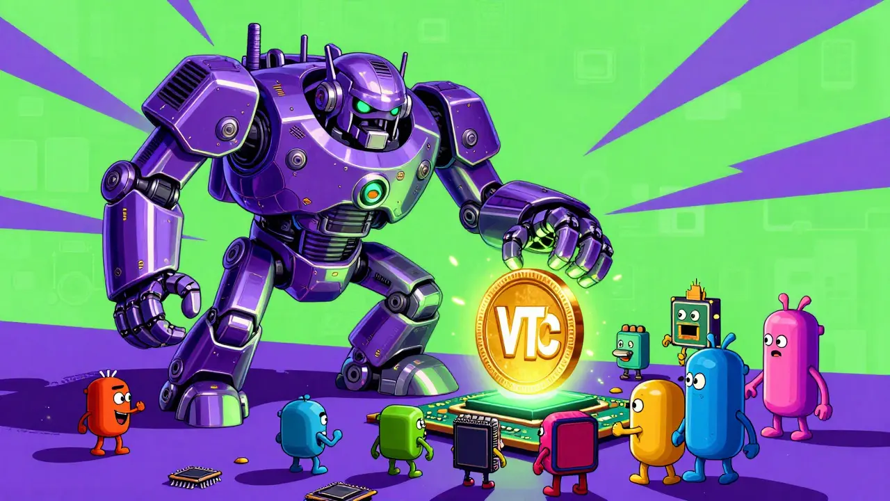 Small GPU characters fighting off a giant ASIC machine to protect a VTC coin.