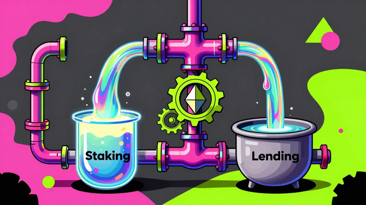 Surreal neon plumbing system showing the flow of liquid staking and lending.