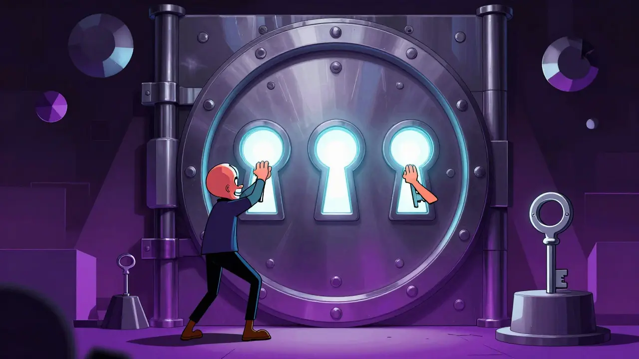 Two characters turning keys to open a futuristic vault with three keyholes
