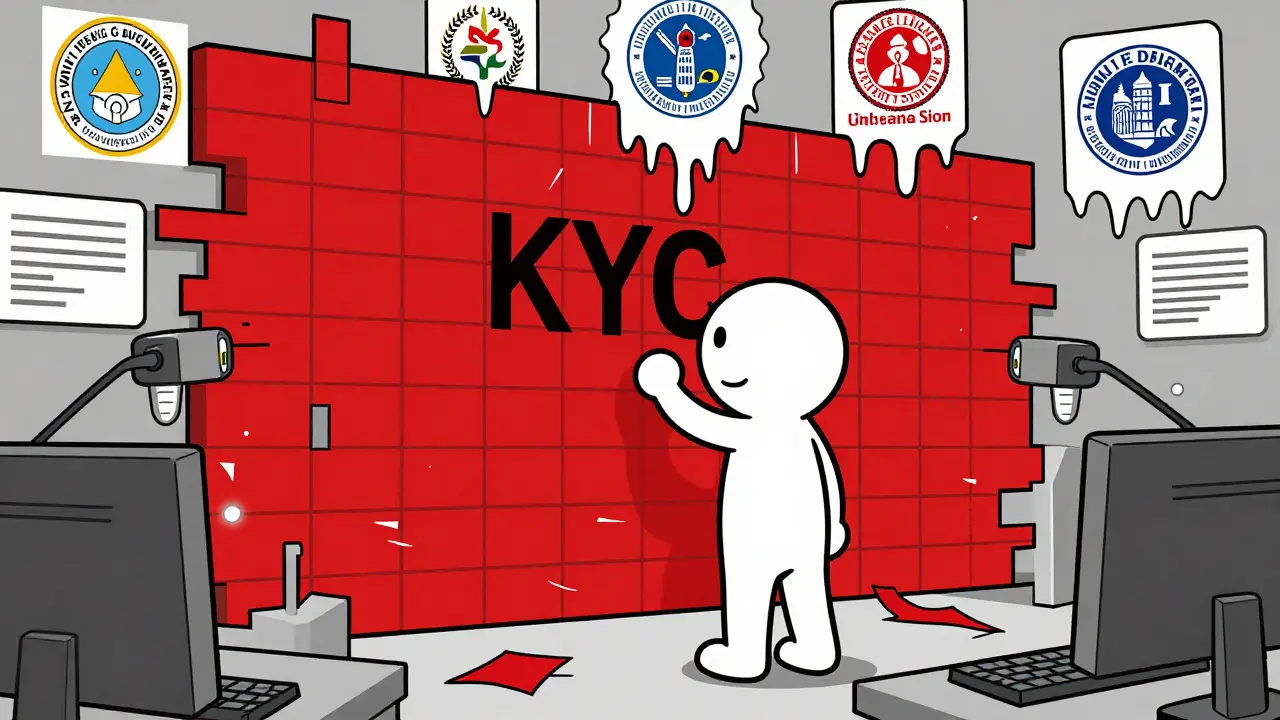 A character faces a chaotic wall of red tape and glitching scanners for KYC checks.