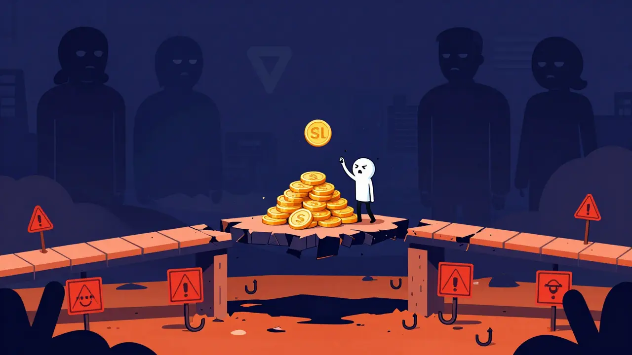 A character on a crumbling bridge reaching for SIL tokens above a void of scams.