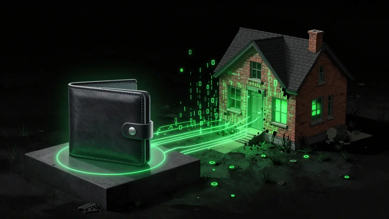 A crypto wallet connects to a house dissolving into code under eerie green light.