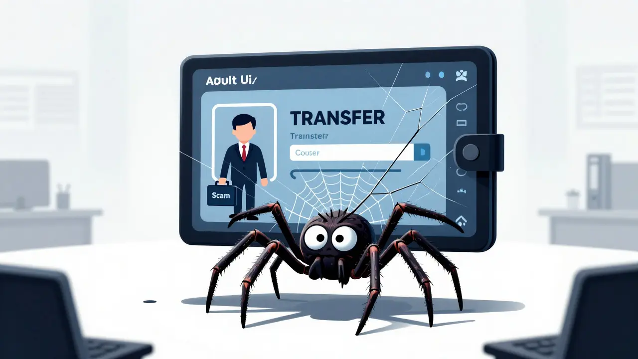 A sinister spider emerging from a wallet screen to steal crypto assets in Adult Swim style.