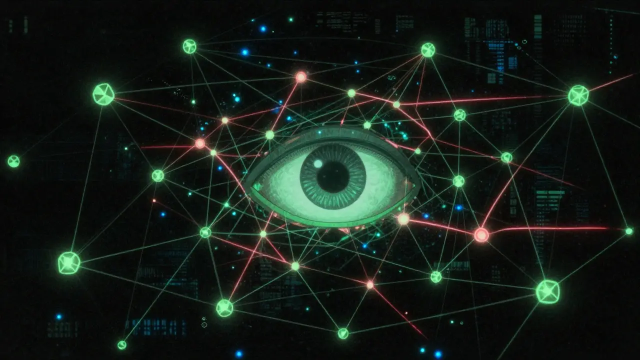 A vast, complex network of glowing nodes and data streams watched by a large eye in a dark, eerie Adult Swim style.