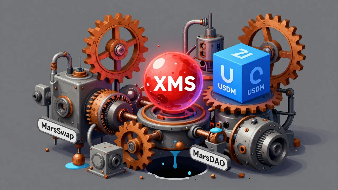 Abstract mechanical diagram showing volatile tokens and stablecoins