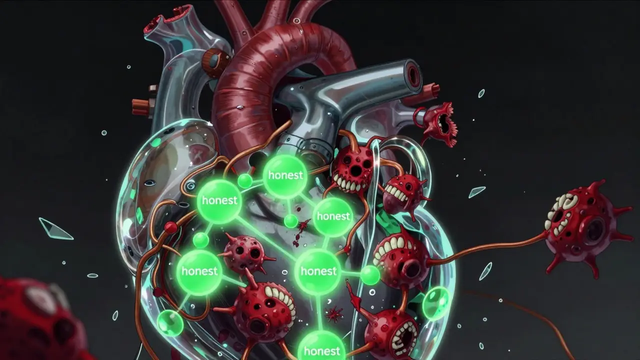 Abstract mechanical heart showing honest nodes crushing malicious ones in a vote.