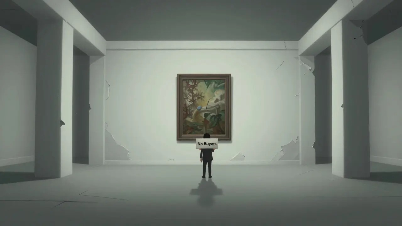 An empty, decaying virtual gallery with a lone figure facing a dusty NFT frame.