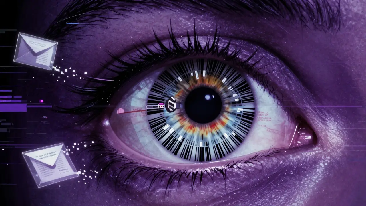 An eye with a data-wheel iris and floating dissolving documents representing tax transparency.