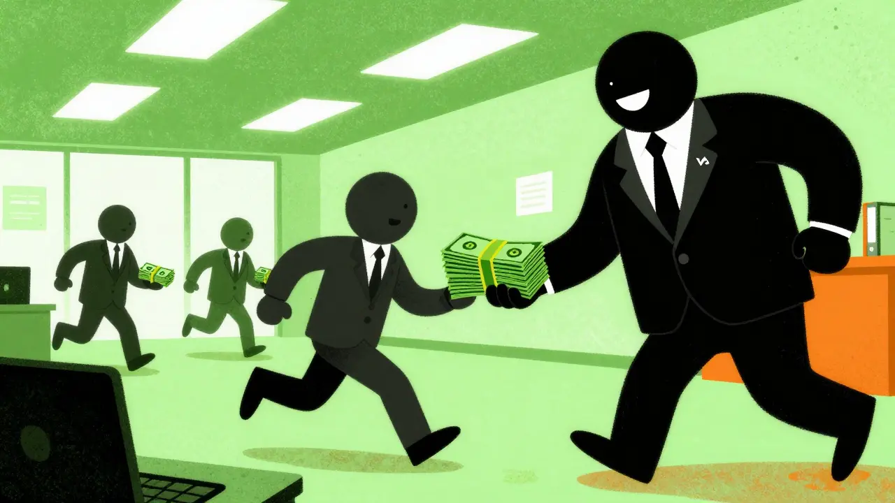 Business figures exchanging cash with a shadowy regulator in a chaotic, neon-lit office.