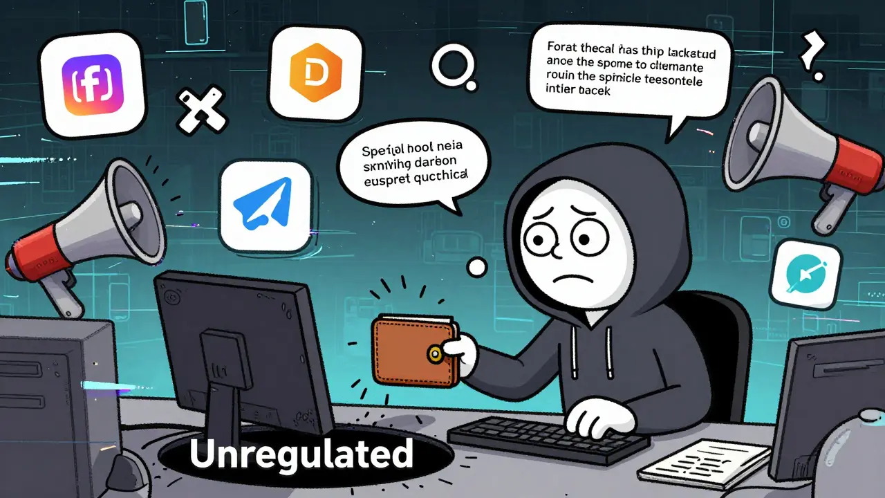 Cartoon character losing money to unregulated crypto scams in a chaotic scene