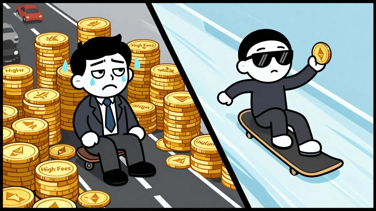 Cartoon comparison of high fees vs low fees on fast blockchain
