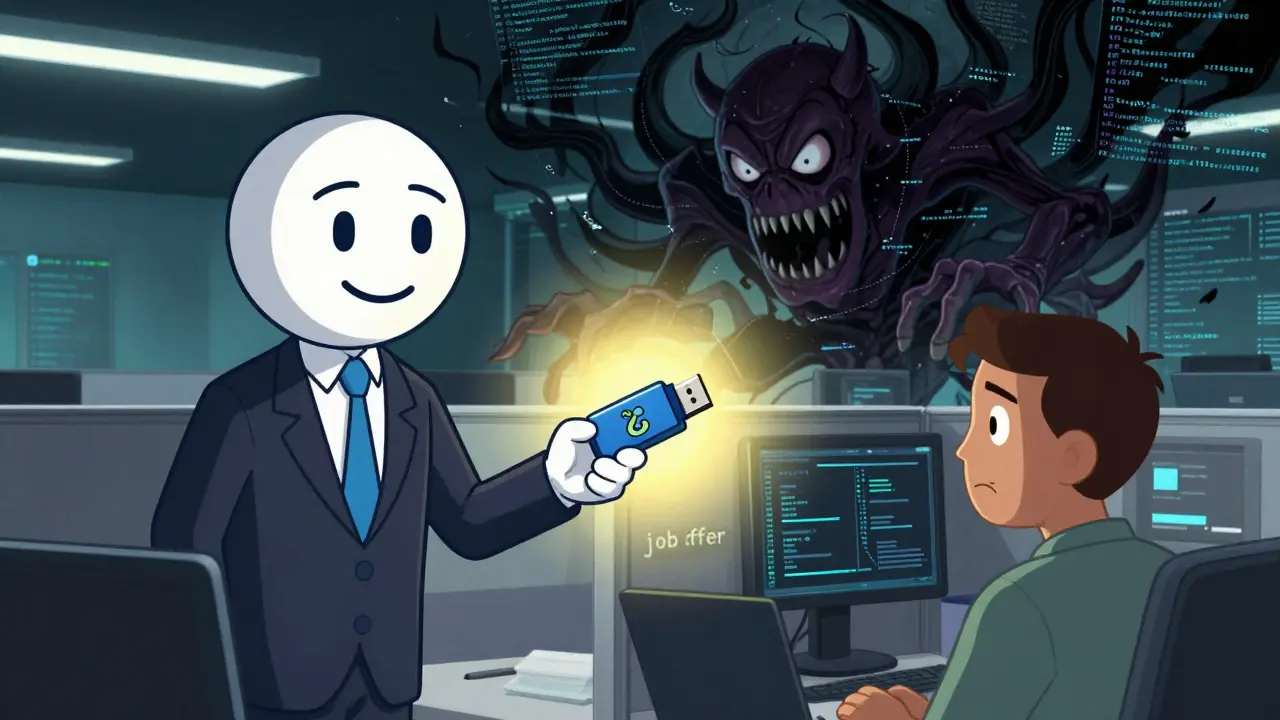 Cartoon depiction of a social engineering attack where a fake recruiter tricks an employee