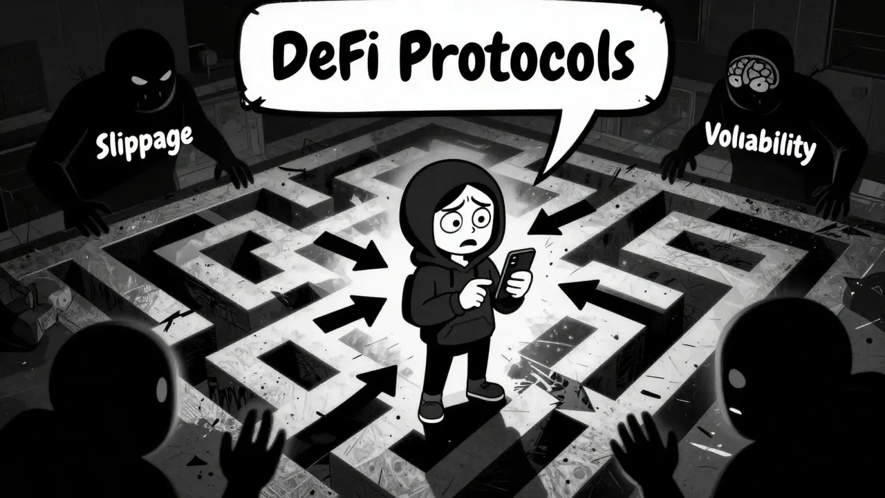 Chaotic maze representing DeFi risks with shadowy volatility monsters