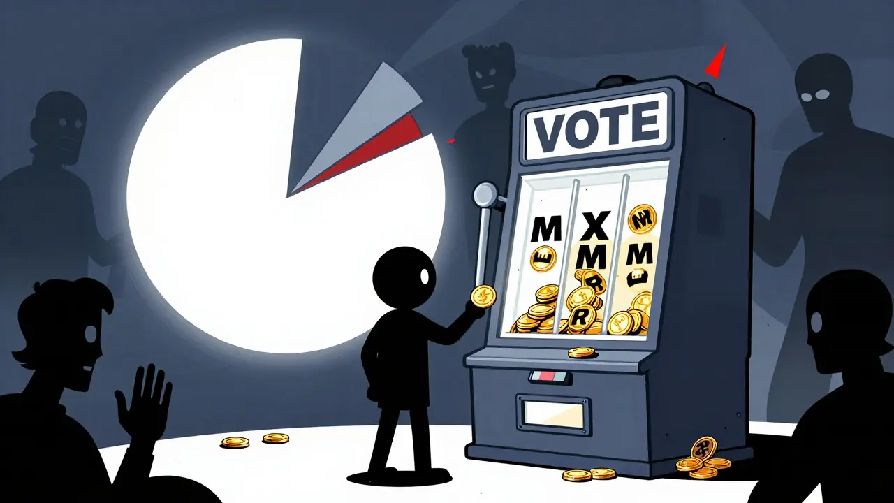 Character feeding MX tokens into a voting slot machine under a looming pie chart.