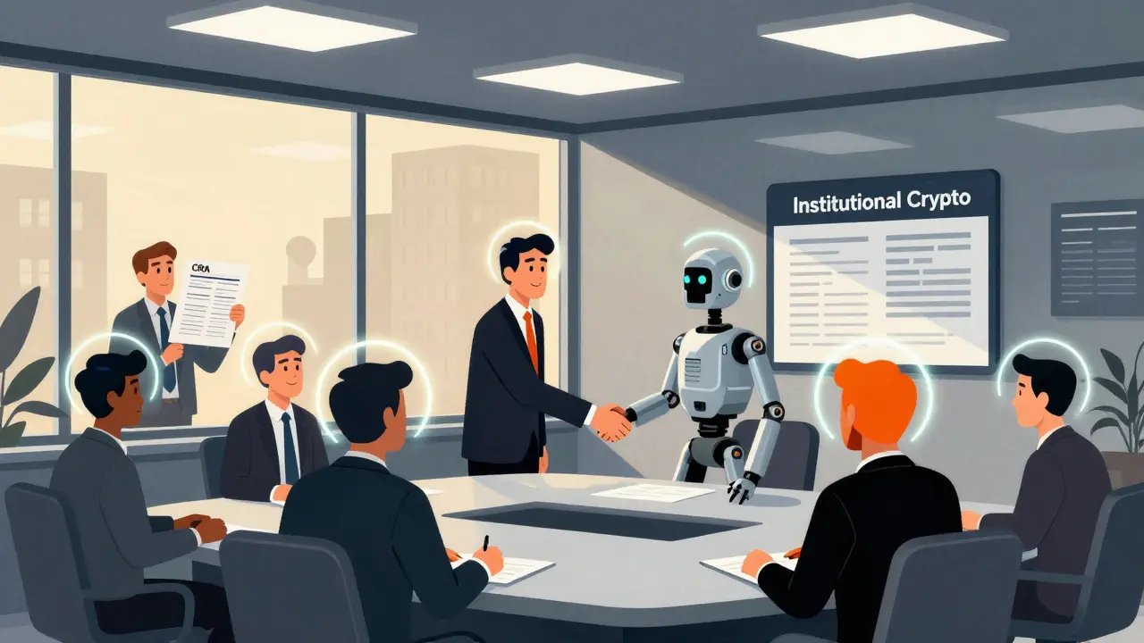 Corporate boardroom deal between regulators and crypto bots, trader watches