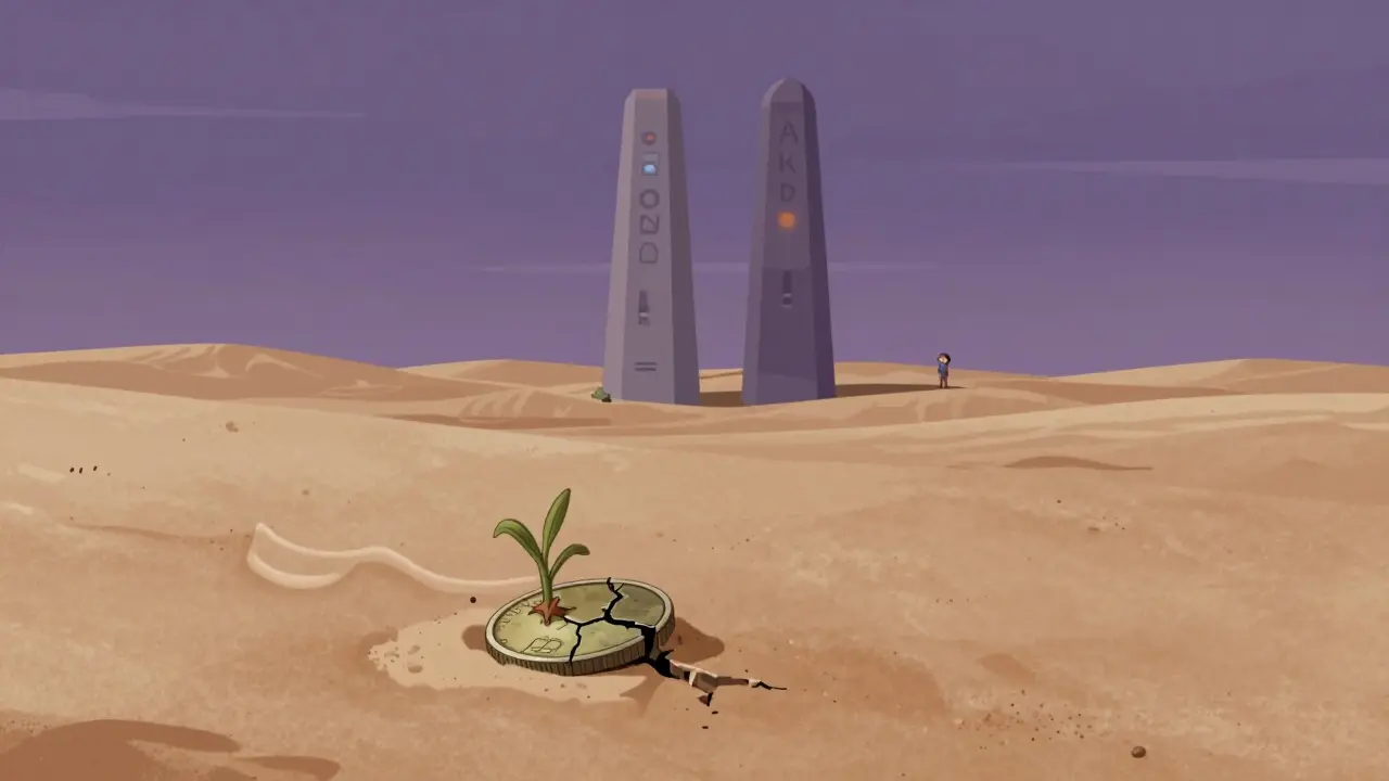 Desert landscape with confusing KAON and AKRO monoliths