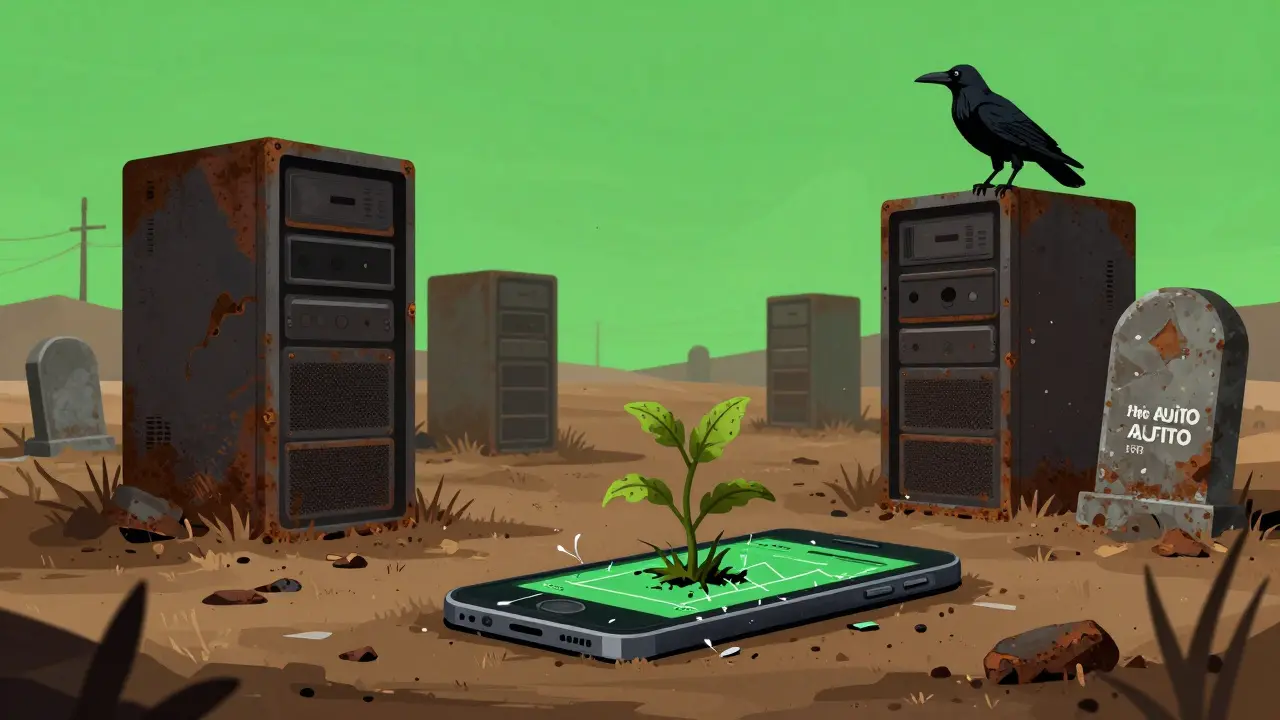 Desolate crypto ghost town with rusted servers