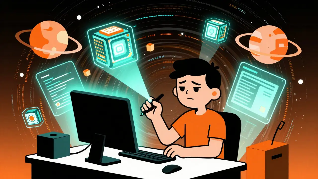 Developer surrounded by floating holographic GPU clusters and blockchain nodes