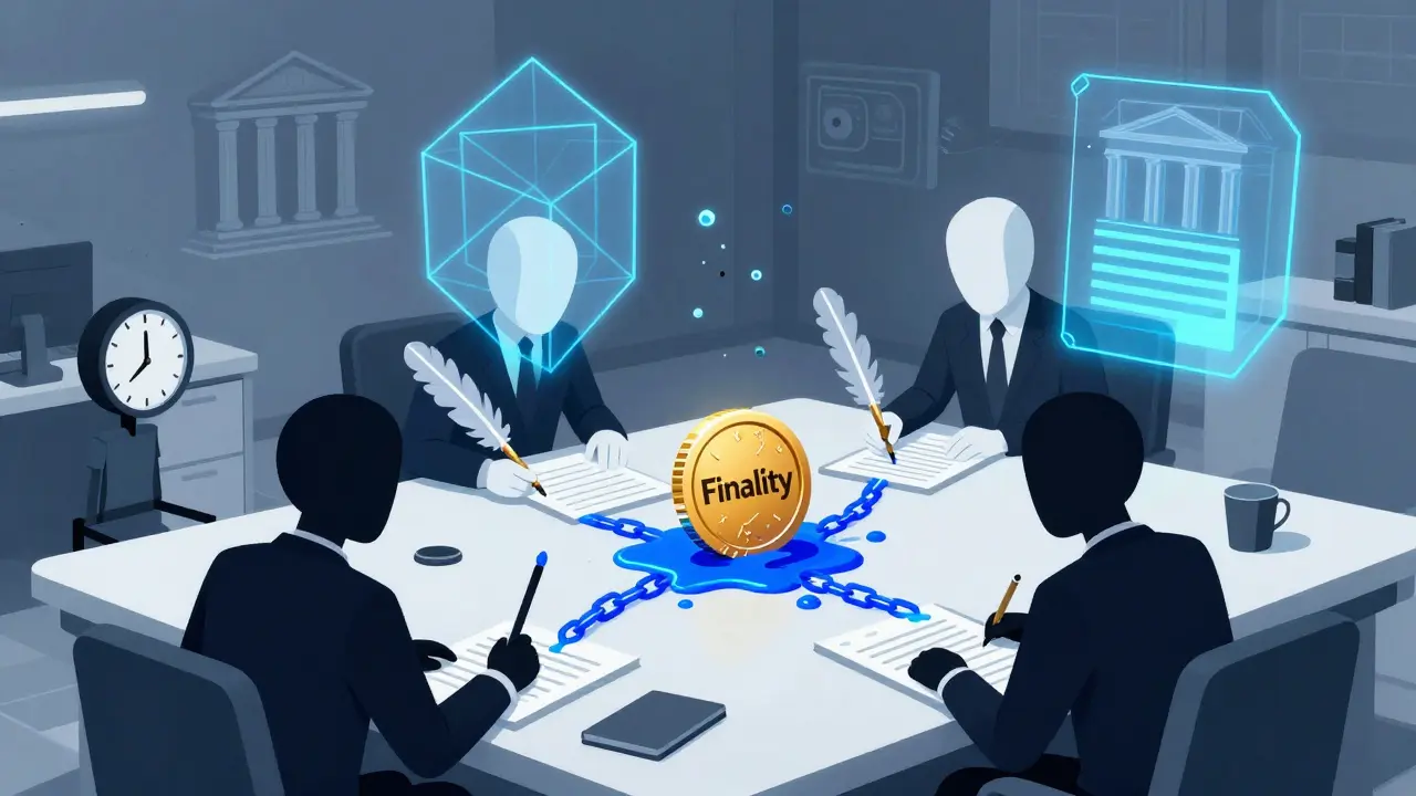 Faceless entities signing neon contracts for instant crypto finality in a dystopian room.