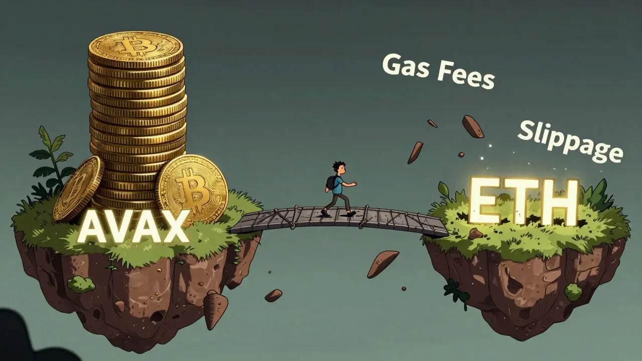 Figure crossing a rickety bridge between crypto islands, dodging gas fee debris.