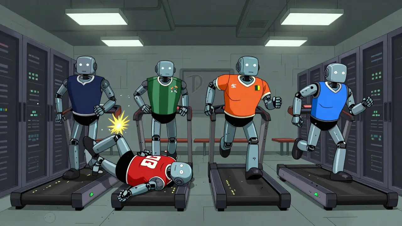 Four robot validators running together in a gritty cartoon style; one falls while others continue, showing distributed resilience.