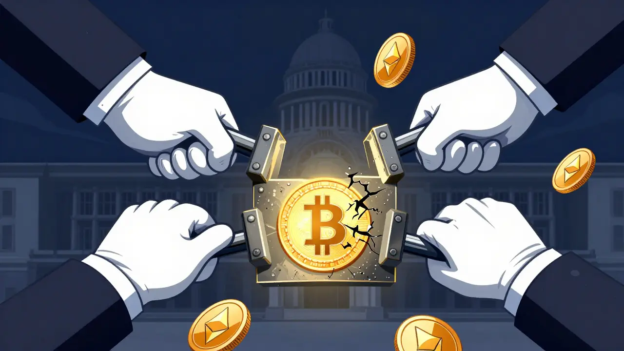 Giant hands lock glowing crypto coins under regulatory pressure