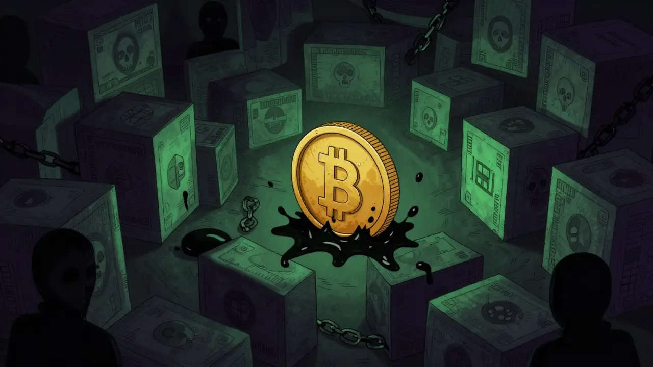 Gold coin becoming tainted as it moves through dark tunnel