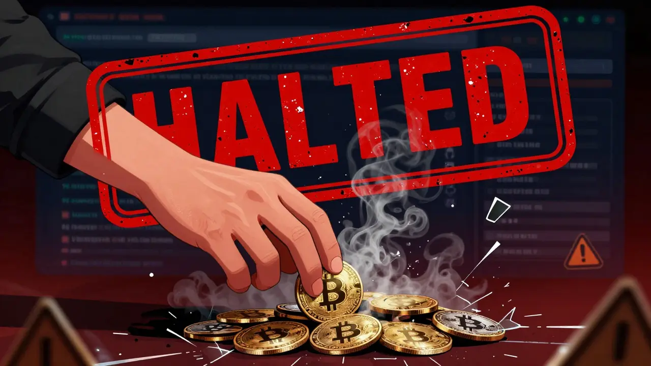 Hand reaching for tokens that turn to ash under a looming red halted stamp.