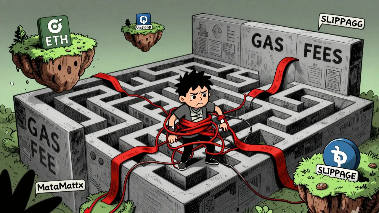 Illustration of a user struggling through complex crypto exchange steps