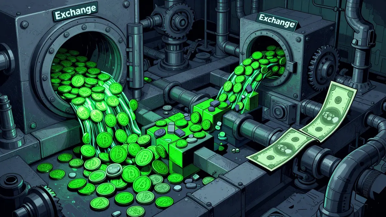 Illustration of stolen crypto flowing through a complex, surreal laundering machine