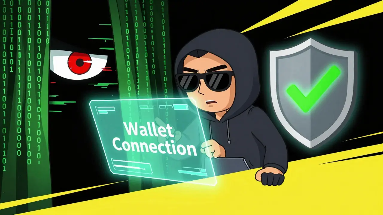 Illustration showing wallet connection security with a warning eye and protective shield.