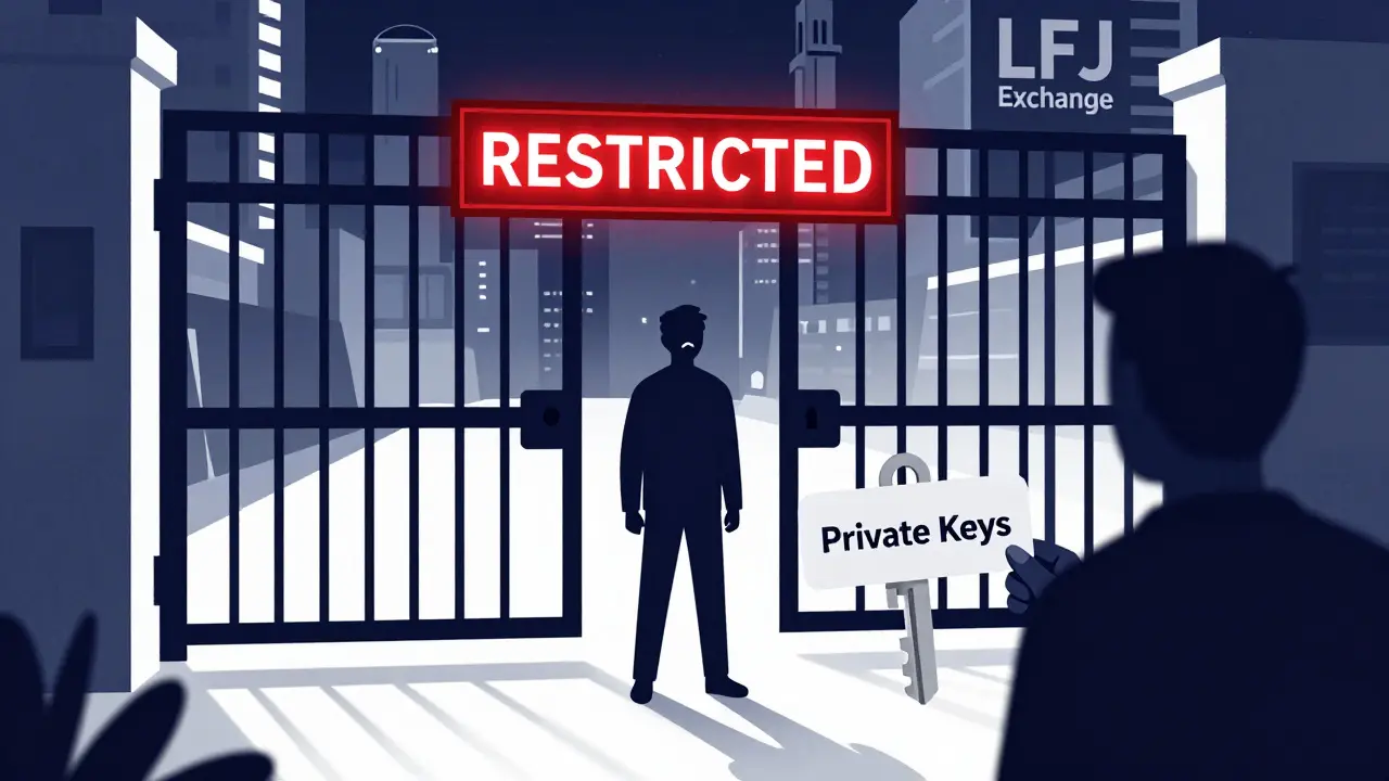 Locked gate blocking access to a crypto exchange city, symbolizing US restrictions.