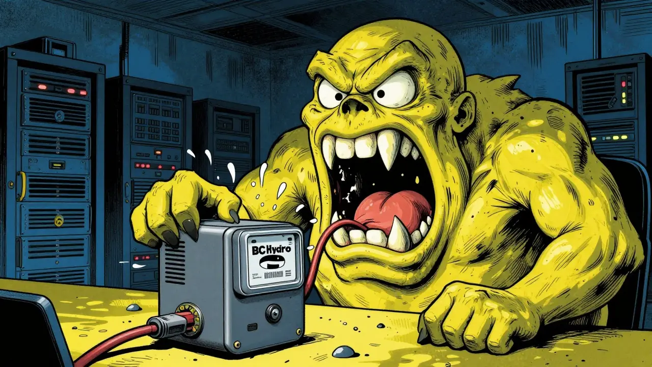Monstrous electricity meter biting a Bitcoin mining rig in a dark room