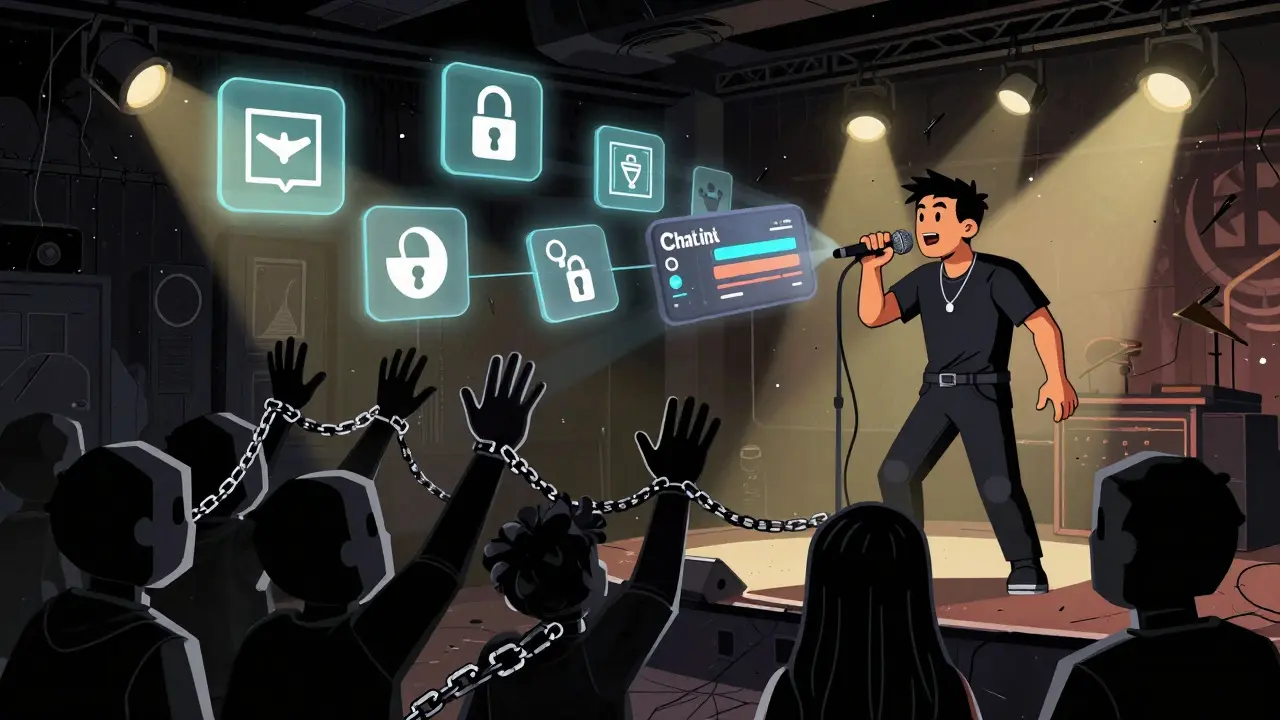 Musician handing digital stems to geometric audience members in a gritty club.