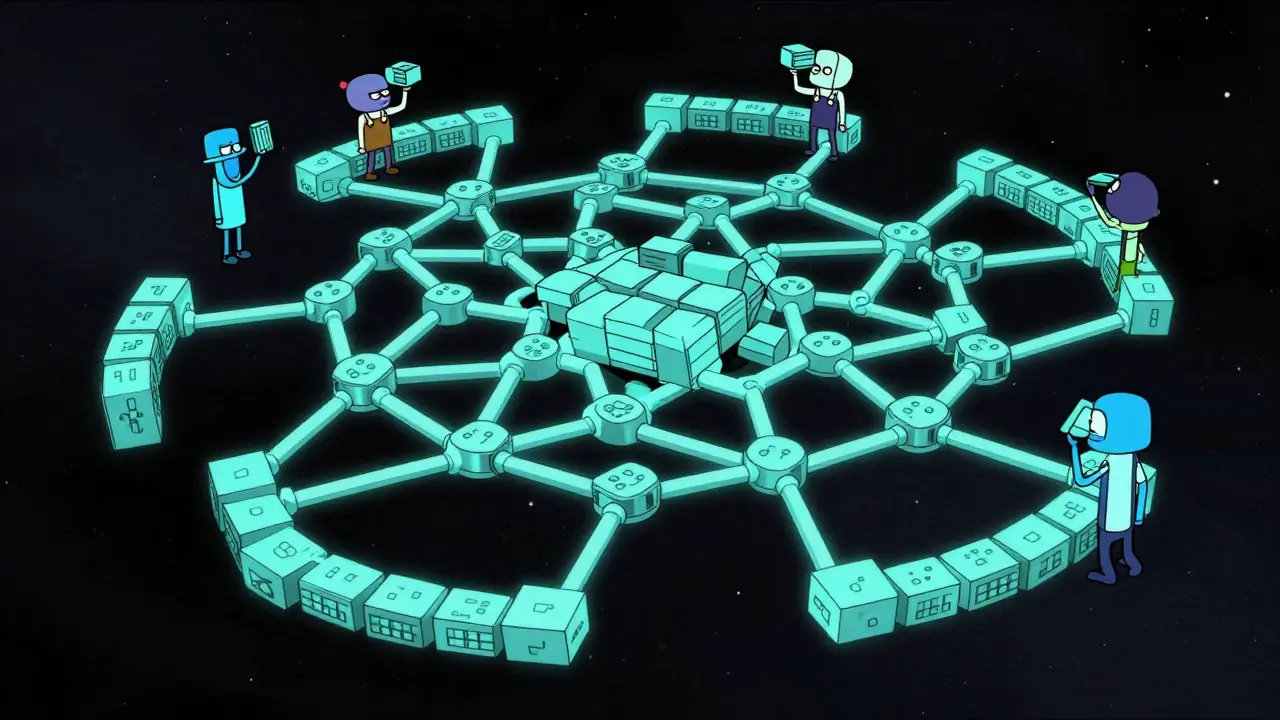 Psychedelic web of blockchain nodes representing Arweave's block structure