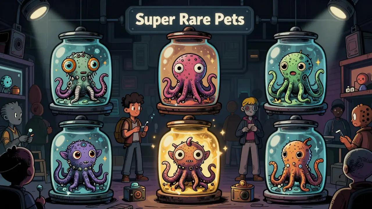 Quirky digital pets in jars displayed as valuable NFT assets in a dark marketplace.