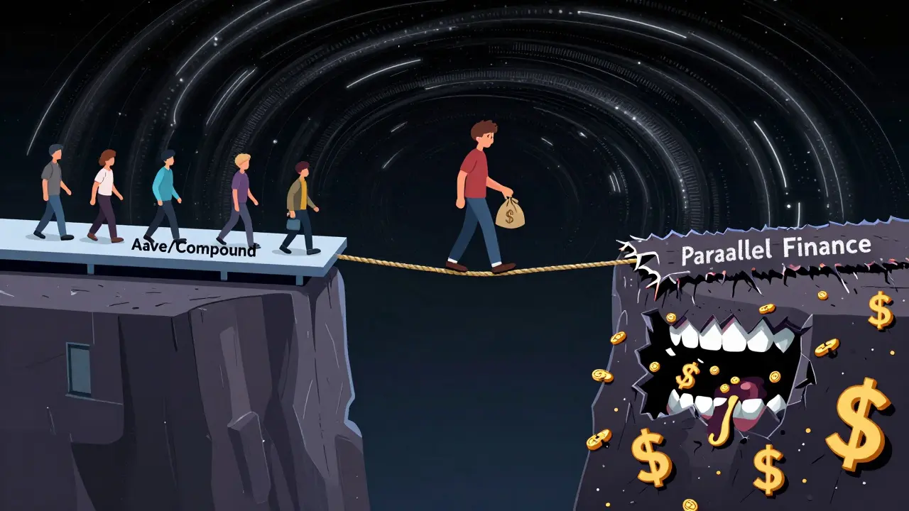Risky tightrope walk over an abyss comparing DeFi platform safety